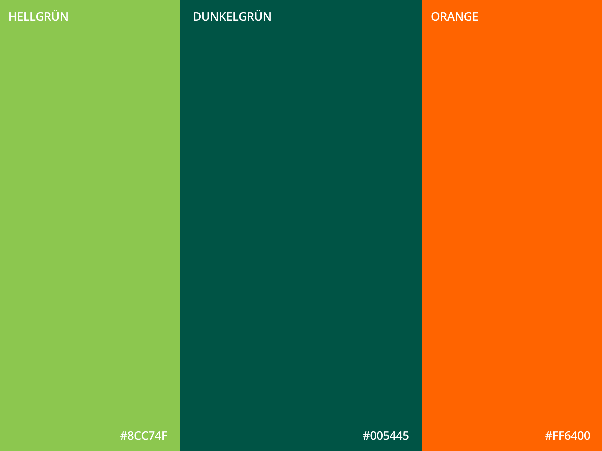 Farbkarte mit Farbcodes zu den Drei Hauptfarben vom Studienfonds OWL: Hellgrün, Dunkelgrün und Orange